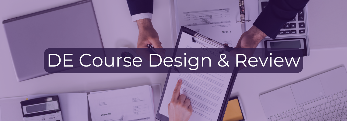 DE Course Design & Review banner. Two hands are pointing to a document