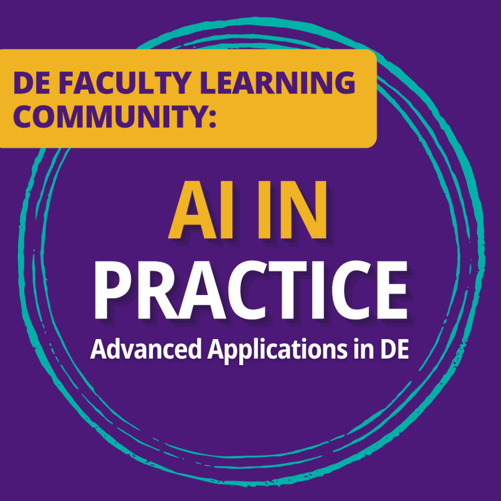 Purple poster with a turquoise circle. Yellow and white letters that say AI IN PRACTICE ADVANCED APPLICATIONS IN DE