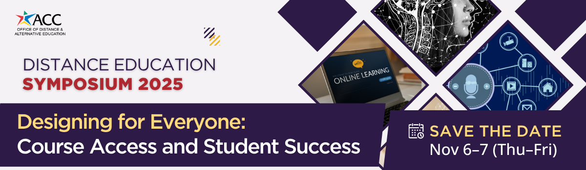 Banner with a white and purple background featuring diamond shapes containing images of laptops and icons. At the bottom of the banner, it reads Designing for Everyone: Course Access and Student Success