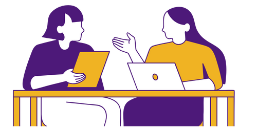 A stylized illustration of two people working together at a desk with a laptop, representing instructional design support.