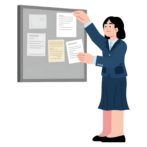 Illustration of a person standing next to a whiteboard or digital screen presenting data.