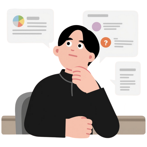 Illustration of a person sitting at a desk looking at a laptop with a notification bell and a magnifying glass.