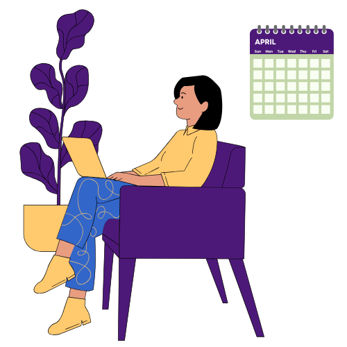 Illustration of a person sitting at a desk with a large wall calendar and a clock.