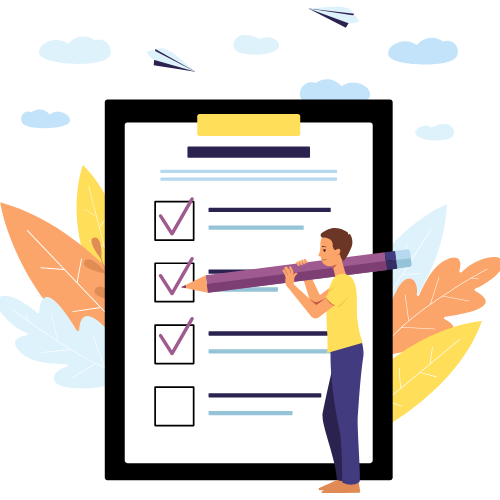 Illustration of a document checklist with several items marked with red checkmarks.