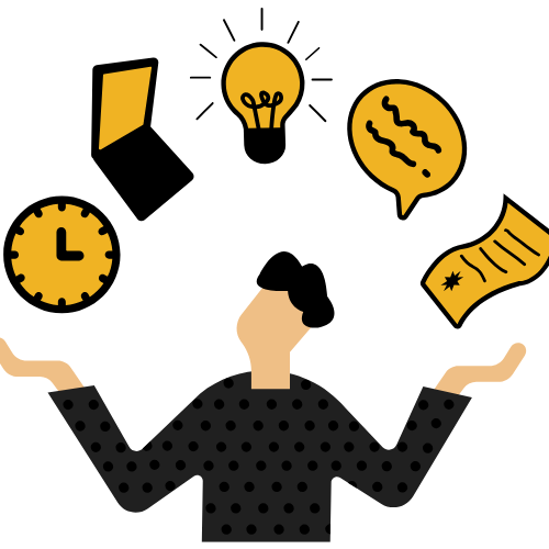A stylized illustration of a person surrounded by various icons representing tasks, such as a lightbulb, a clock, and a gear, suggesting a busy workload.