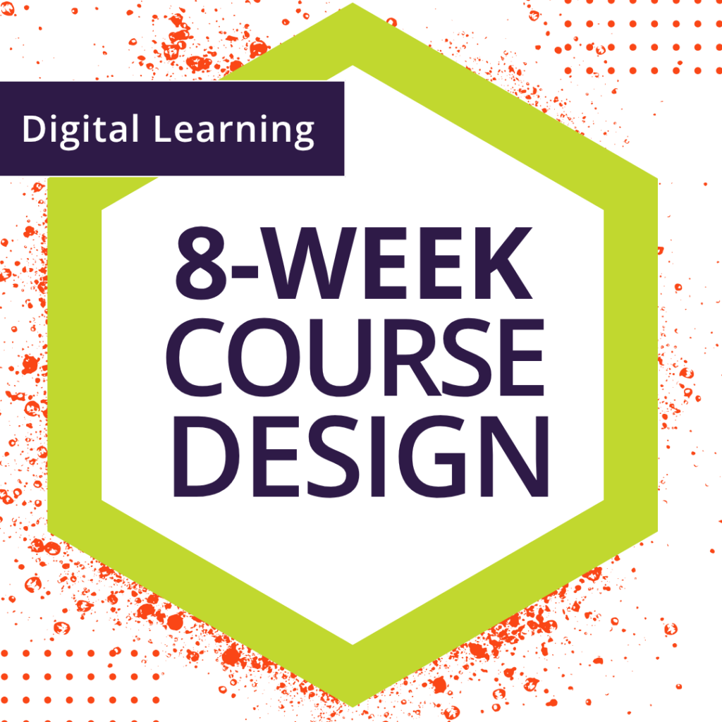 8-Week Course Design graphic showing a purple header tab and green hexagonal badge.